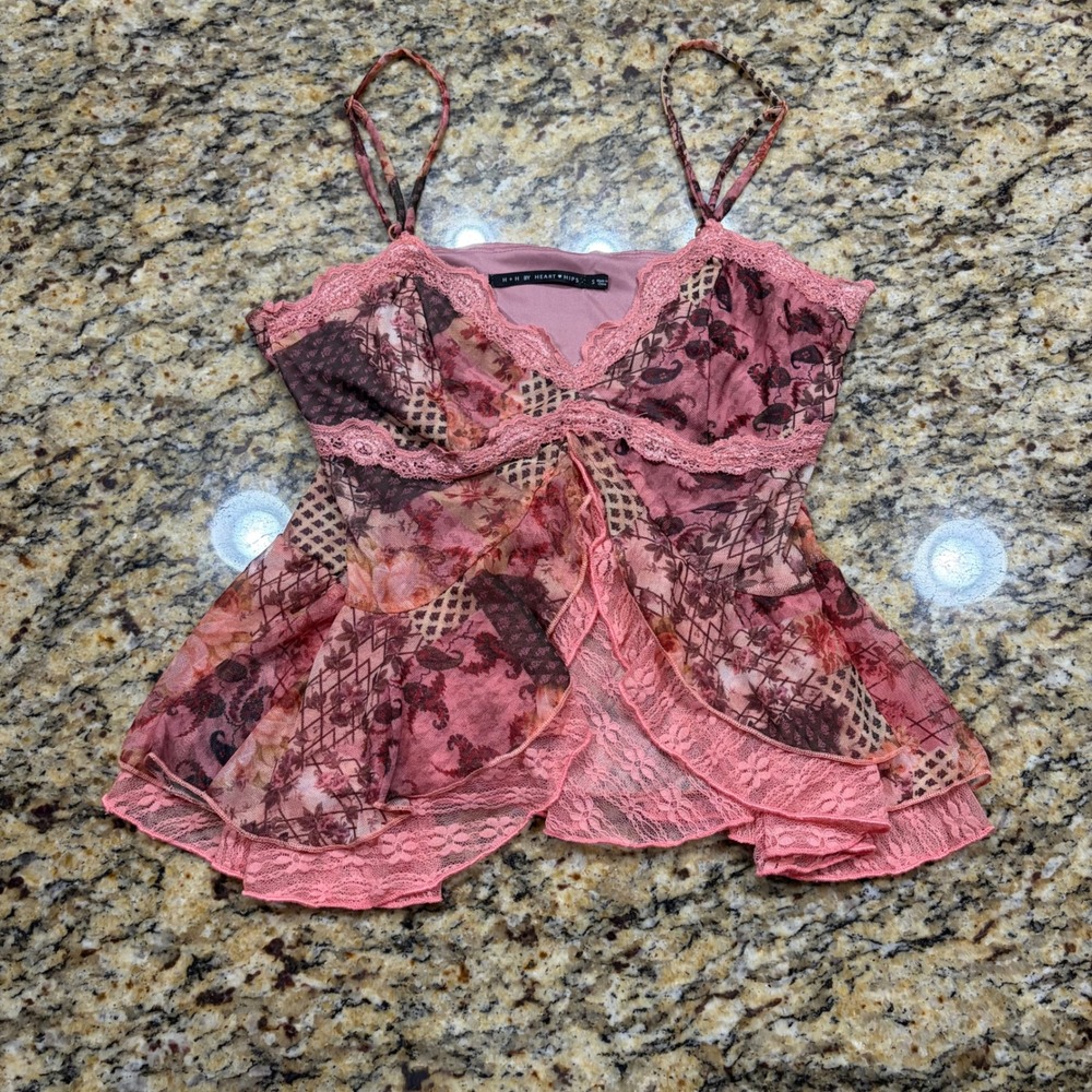 Fairy Pink Paisley Floral Lace Trim Ruffle Mesh Camisole Top Small v